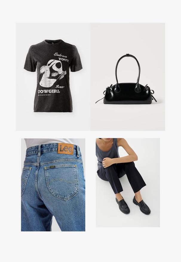 T-shirt en coton noir à manches courtes, avec un graphique d'un chapeau de cowboy et du texte en blanc. Encolure à bords bruts et texture usée.; Jean bleu en denim avec poches arrière présentant des surpiqûres jaunes et une écusson en cuir marron de la marque Lee sur la ceinture.; Mocassins en cuir noir avec accents texturés, talon bas, bout arrondi, et coutures visibles. Modèle portant un pantalon sombre et un haut gris.; Petit sac à main noir brillant avec deux longues anses et des détails à cordon sur les côtés sur un fond clair uni.