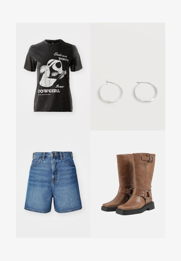 T-shirt en coton noir à manches courtes, avec un graphique d'un chapeau de cowboy et du texte en blanc. Encolure à bords bruts et texture usée.; Shorts en denim de couleur bleu clair avec une coupe classique, présentant des poches avant, un zip et des détails de couture au niveau de l'ourlet.; Paire de bottes mi-mollet en cuir marron avec semelles épaisses noires, brides latérales avec boucles et rivets métalliques, et bouts carrés.; Boucles d’oreilles créoles en métal argenté avec une surface lisse légèrement incurvée et des fermoirs à clapet sur un fond blanc uni.