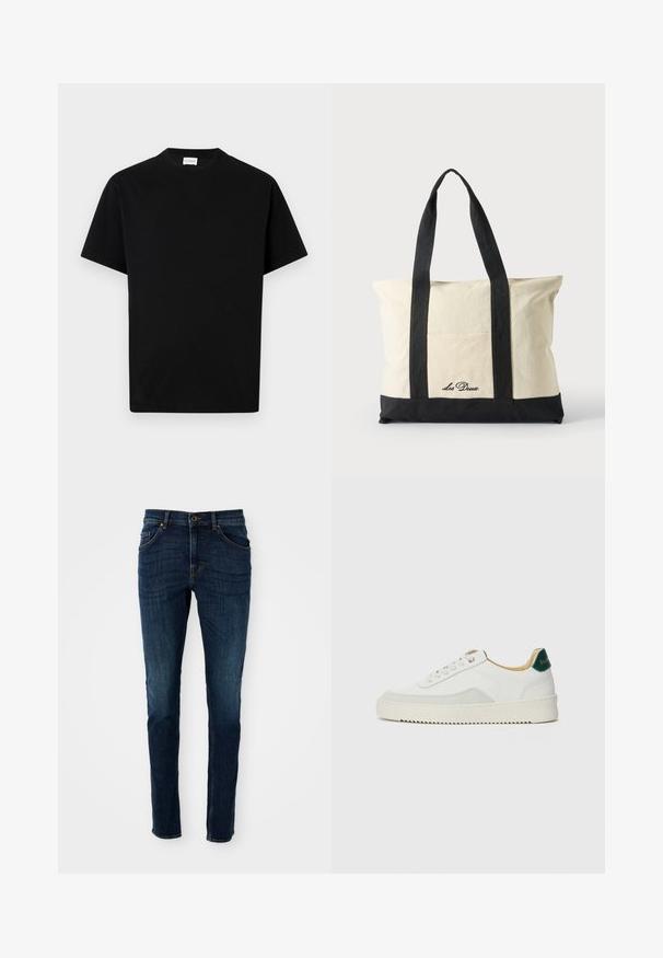 T-shirt en coton noir avec un col rond, des manches courtes et une coupe droite. Pas de motifs visibles ni de détails matériels.; Jeans en denim bleu foncé avec une coupe slim, un design structuré, un style à cinq poches et de légères décolorations le long des jambes et des coutures.; Baskets blanches avec des accents en daim, bout arrondi, lacets plats et semelle en caoutchouc crème. Présente une marque verte sur le talon.; Sac fourre-tout en toile avec longues anses noires, bordure noire en bas et poche avant avec logo "Les Deux" en écriture noire.