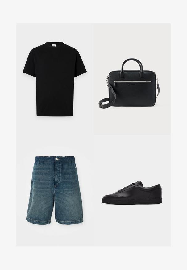 Camiseta de algodón negra con cuello redondo, mangas cortas y corte recto. Sin patrones visibles ni detalles de hardware.; Pantalones cortos de mezclilla en azul oscuro con un ajuste holgado, que cuentan con un cierre de botón y costuras visibles a lo largo del dobladillo y los bolsillos.; Zapatilla baja negra de cuero con cordones en la parte delantera y suela plana de goma, mostrada de perfil sobre un fondo blanco liso.; Maletín rectangular de cuero negro con textura, con doble asa, bolsillo frontal con cremallera y correa de hombro ajustable, mostrado sobre fondo blanco.