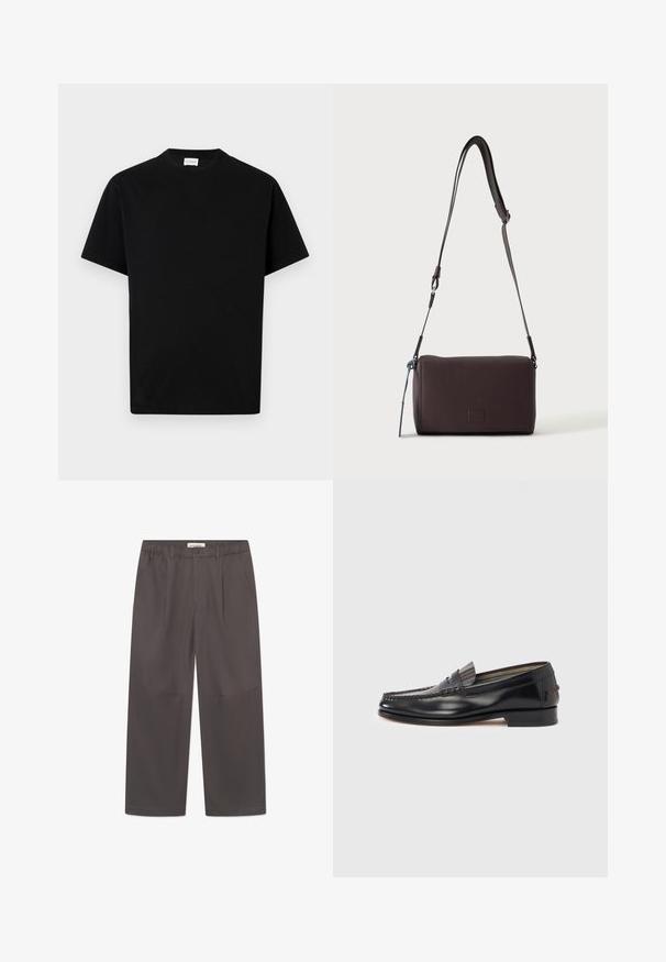 Schwarzes Baumwoll-T-Shirt mit rundem Ausschnitt, kurzen Ärmeln und geradem Schnitt. Keine sichtbaren Muster oder Hardwaredetails.; Graue, weite Hosen aus glattem Stoff, mit einem Knopfverschluss und zwei seitlichen Taschen. Einfaches, klares Design ohne sichtbare Muster.; Schwarze Leder-Loafer mit Mokassin-Design, verziert mit einem dekorativen Band und Steppnähten am Obermaterial. Niedriger Blockabsatz.; Dunkelbraune, strukturierte Leder-Crossbody-Tasche mit verstellbarem Riemen und kleinem dekorativen blauen Akzent an der Seite.
