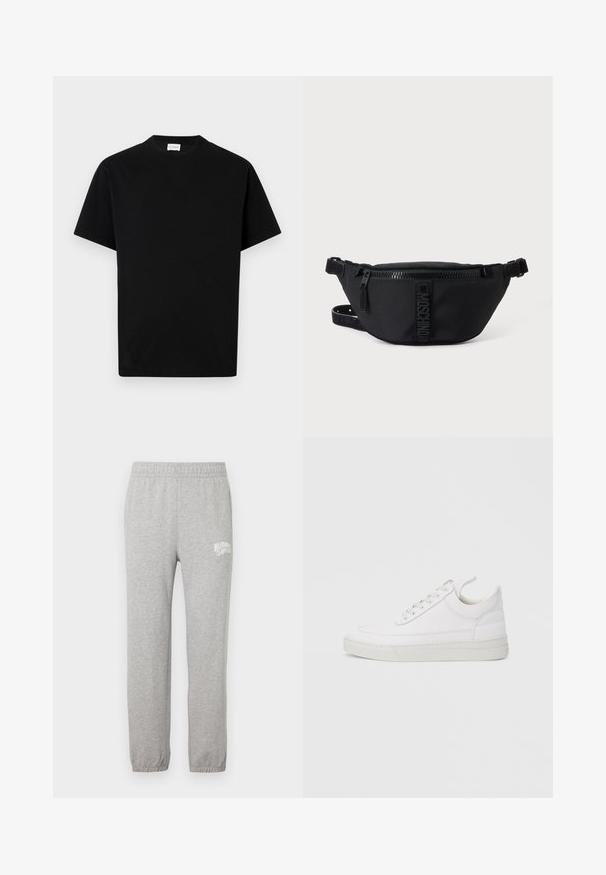 Camiseta de algodón negra con cuello redondo, mangas cortas y corte recto. Sin patrones visibles ni detalles de hardware.; Pantalones de chándal grises de algodón con una cintura elástica y piernas ajustadas. Presenta un logo blanco en el muslo izquierdo. Textura suave.; Zapatilla blanca de cuero con punta redondeada, suela plana y cierre de cordones. Presenta detalles de costuras y un cuello acolchado para mayor comodidad.; Bolsa de cintura negra Moschino con cremallera frontal y correa ajustable sobre un fondo liso claro.