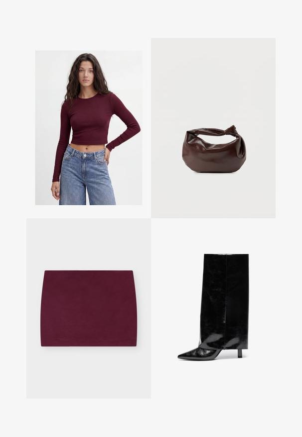 Jeune femme aux longs cheveux foncés porte un crop top bordeaux ajusté à manches longues et un jean bleu taille haute, debout devant un fond uni.; Mini-jupe droite violet foncé avec une texture lisse sur un fond gris clair.; Botte chelsea en cuir noir avec un bout pointu et un talon bloc, présentant un tige haute et brillante ainsi qu'une finition texturée sur la partie inférieure.; Sac bandoulière en cuir marron foncé avec une forme souple et décontractée et une anse nouée torsadée sur un fond blanc uni.