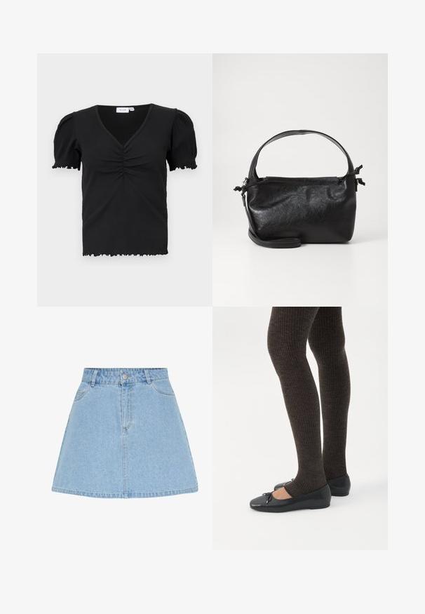 Haut noir à col en V, à manches courtes côtelées, avec des détails froncés au niveau de la poitrine et des bords volantés sur les manches et l'ourlet.; Jupe trapèze en denim bleu clair avec fermeture avant par boutons et zip, passants pour ceinture et deux poches avant.; Jambes portant des leggings côtelés foncés associés à des ballerines noires avec de petits détails en nœud sur fond blanc.; Sac à main en cuir noir au design structuré, avec une poignée arrondie et une bandoulière amovible. Présente une texture lisse et un éclat subtil.