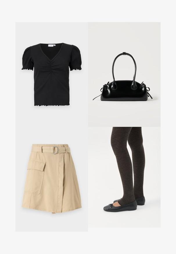 Haut noir à col en V, à manches courtes côtelées, avec des détails froncés au niveau de la poitrine et des bords volantés sur les manches et l'ourlet.; Jupe en coton beige avec une poche latérale, taille ceinturée avec un anneau argenté, et une légère silhouette en A. Texture lisse et design simple.; Jambes portant des leggings côtelés foncés associés à des ballerines noires avec de petits détails en nœud sur fond blanc.; Petit sac à main noir brillant avec deux longues anses et des détails à cordon sur les côtés sur un fond clair uni.