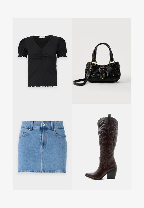 Top negro de manga corta con canalé y escote en V, con detalles fruncidos en el pecho y bordes con volantes en las mangas y el dobladillo.; Falda mini de denim en azul claro. Características de un diseño ajustado, estilo de cinco bolsillos, cierre de botón y dobladillo recto con un ligero deshilachado.; Bota vaquera alta de cuero marrón oscuro con patrones decorativos cosidos, punta puntiaguda y tacón de bloque apilado.; Bolso de cuero negro con hebilla y detalles de remaches dorados, asas cortas y una correa de hombro ajustable sobre un fondo blanco liso.