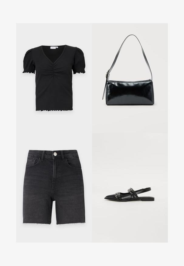 Haut noir à col en V, à manches courtes côtelées, avec des détails froncés au niveau de la poitrine et des bords volantés sur les manches et l'ourlet.; Shorts en denim noir avec un design ajusté, coupe droite, ourlet effiloché, style à cinq poches et fermeture à bouton métallique à la taille.; Even&Odd by Zalando Ballerines à brides arrière - black; Sac d'épaule rectangulaire noir avec une sangle réglable unique et une fermeture éclair supérieure sur un fond uni.