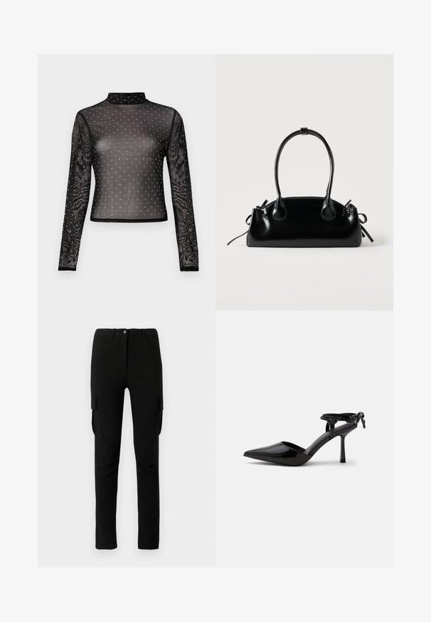 Zwarte top met lange mouwen gemaakt van doorschijnende stof met een nepturtleneck, versierd met meerkleurige pailletten in een gestippeld patroon.; Zwarte cargobroek met een slim fit, voorzien van zijzakken, een knoopsluiting en een gladde, licht gestructureerde stof.; Zwarte lakleren hoge hakken schoen met spits toelopende neus en enkelbandje achter gebonden in een knoop, afgebeeld op een effen witte achtergrond.; Kleine zwarte glanzende handtas met twee lange hengsels en zijkant trekkoord details op een effen lichte achtergrond.