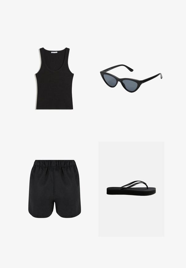 Sort ribbet ærmeløs tanktop med rund halsudskæring, lagt fladt på en hvid baggrund.; Sorte shorts med elastisk talje. Blødt stof, enkelt design og let afrundet kant nederst. Ingen synlige mønstre eller logoer.; Sort gummiflipflop med tekstureret sål og Y-formet rem, vist i sideprofil mod en ensartet lys baggrund.; Sorte katteøje solbriller med mørkegrå linser, slankt plastisk stel, spidse hjørner og lige stænger. Ingen synlig hardware eller dekorationer.