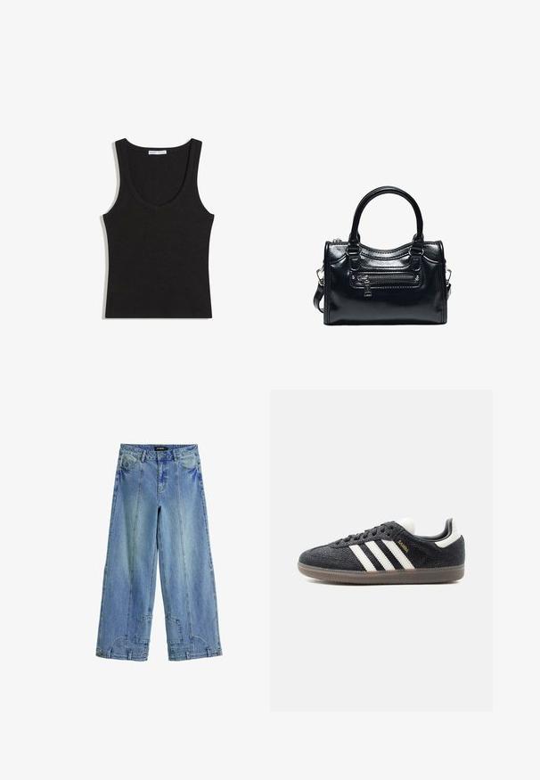 Sort ribbet ærmeløs tanktop med rund halsudskæring, lagt fladt på en hvid baggrund.; Lysblå, brede jeans i denim med høj talje, markante syninger og lappe-lignende detaljer på baglommerne.; Sort Adidas Samba sneaker med hvide striber, gumisål og guldfarvet "Samba" tekst på siden, vist fra venstre profil på ensfarvet baggrund.; Sort skinnende læderhåndtaske med to håndtag, lynlåslomme foran og aftagelig skulderrem på hvid baggrund.