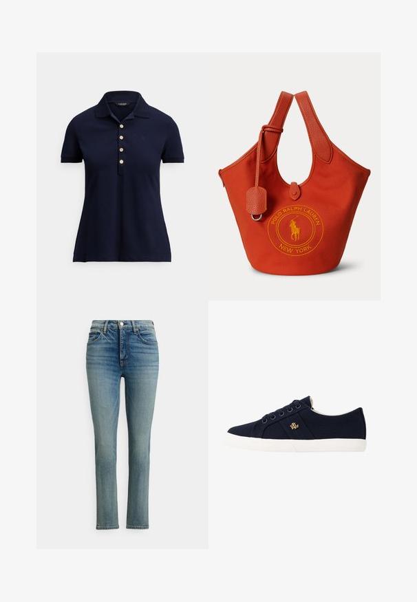 Mørkeblå polo i bomuld. Har krave, fem guldbelagte knapper og et diskret logo på brystet. Korte ærmer.; Lyseblå jeans med en lige ben-snit, der har knaplukning, forlommer og en diskret falmet tekstur. Kvalitetsdenim.; Lauren Ralph Lauren JANSON II CANVAS SNEAKER - Sneakers - navy; Rød canvas mulepose med læderhåndtag og Polo Ralph Lauren New York-logo broderet i gult på forsiden.