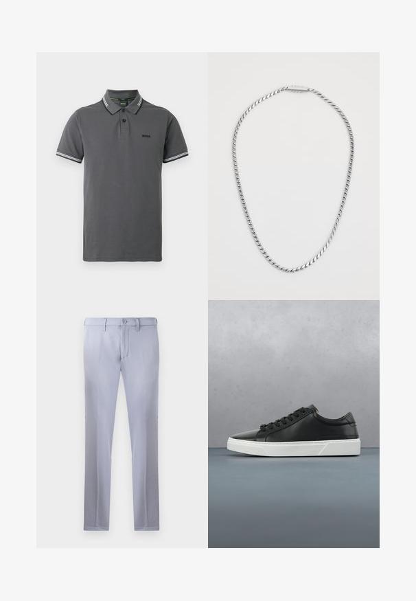 Grijs poloshirt met een klassiek ontwerp, een knoopsluiting met twee knopen en contrasterende witte gestreepte accenten op de kraag en mouwen.; Lichtgrijze op maat gemaakte broeken van gladde stof, met een knoopsluiting, riemlussen en een rechte pijp. Geen zichtbare zakken.; Zwarte leren sneaker met ronde neus, textuur op het oppervlak, witte rubberen zool en zwarte veters. Minimalistisch ontwerp met een slanke uitstraling.; Zilveren gedraaide ketting met een gladde textuur, voorzien van een eenvoudig sluitingsontwerp. De ketting heeft een uniforme dikte over de hele lengte.