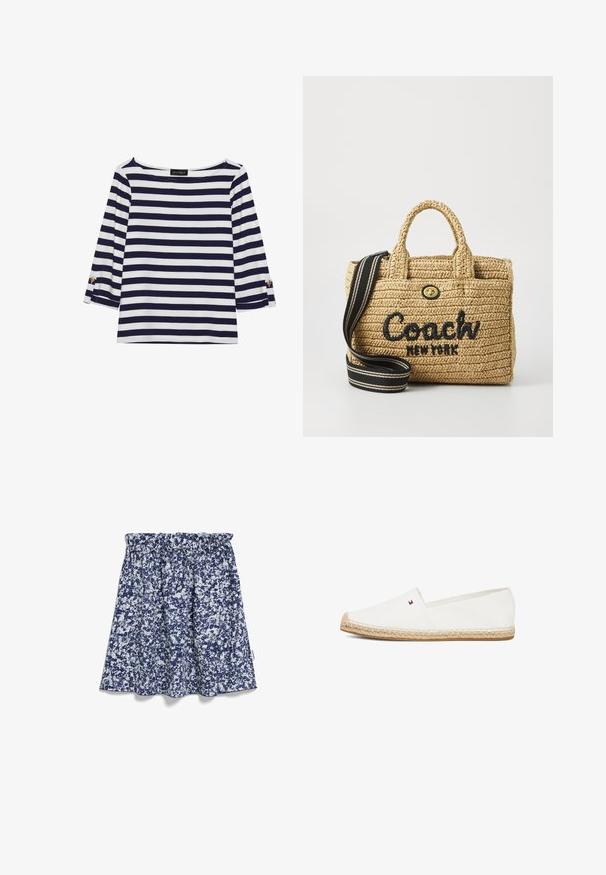 Marineblauw en witte gestreepte longsleeve top met een bootnek en gouden knoopaccenten op de opgerolde mouwen. Zachte stof, relaxte pasvorm.; Blauwe en witte gestreepte rok met een elastische tailleband. Het materiaal lijkt lichtgewicht met een vloeiende uitstraling en een iets gerimpelde zoom.; Witte canvas espadrille instapper met een gevlochten jutezool, contrasterende stiksels en een klein logodetail aan de zijkant.; Geweven rieten handtas met dubbele handvatten bovenaan, zwart geborduurd "Coach New York" logo, gouden hardware en een afneembare gestreepte schouderriem.