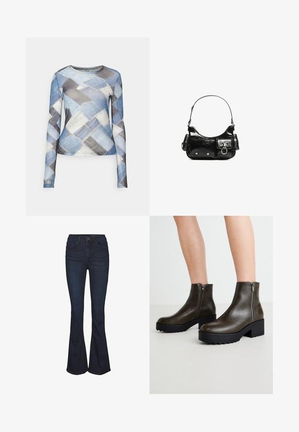 Noisy May NMMISSY JUDITH - Langærmet T-shirt - medium blue denim; Mørkeblå jeans i denim med vidde og højtaljet, der har fem lommer og diskrete syningdetaljer. Glat tekstur med et klassisk design.; Grønne læder ankelstøvler med blokhæls, lynlås i siden og struktureret gummisål for godt greb. Glat overflade og slankt design.; Sort patenteret læder håndtaske med en buet form, en skulderrem, frontlommer og hardware accenter i sølvfarve.