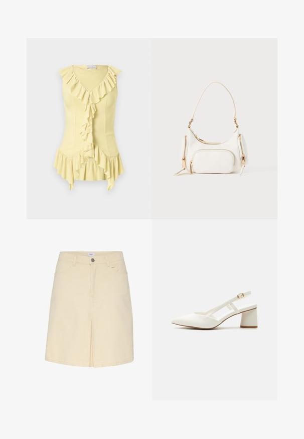 Lichtgele mouwloze blouse met V-hals, gerimpelde rand langs de halslijn, het midden voor en asymmetrische zoom.; Lichtbeige denim rok met een voorzijdeopening, een standaard tailleband en een klassiek vijf-pocketontwerp. Soepele textuur en minimalistische stijl.; Witte slingback met lage blokhak, puntige neus, dun verstelbaar bandje en gouden gesp op een effen achtergrond.; Witte handtas met een korte schouderband, gestructureerde oppervlakte, meerdere ritszakken en accenten in goudkleurige hardware. Compact en modern ontwerp.