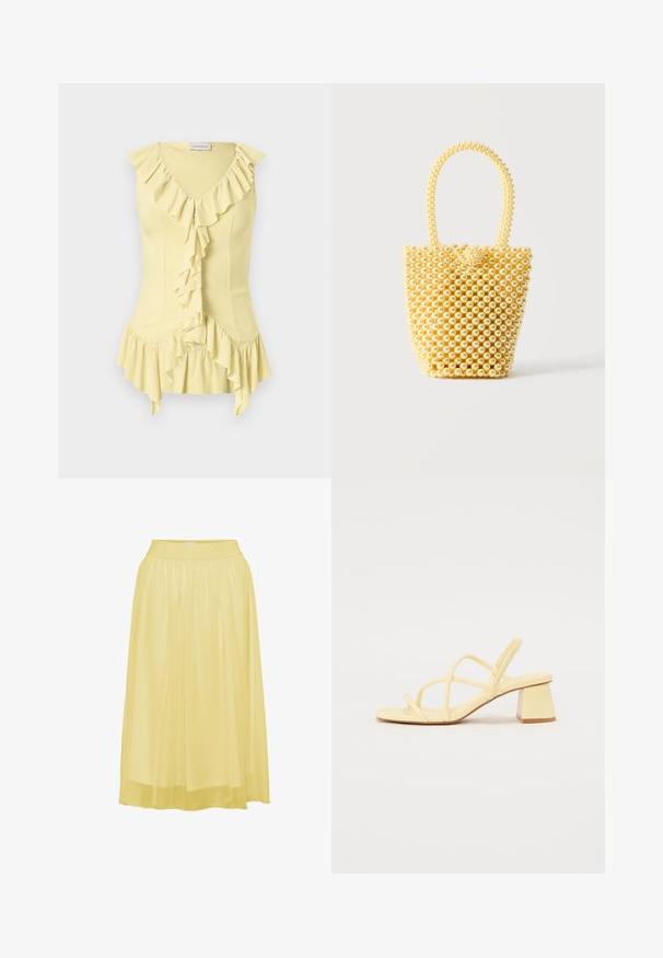 Lysegul ærmeløs bluse med V-hals, flæsekanter langs halsudskæringen, foran midt og asymmetrisk kant.; Gul, plisseret midiskirt med en blød, blank overflade og elastisk talje, designet til komfort og bevægelsesfrihed.; Call it Spring KIIRA - Sandaler - light yellow; Lille skuldertaske i spandstil lavet af skinnende cremefarvede perler med en håndtagsløkke af perler og dekorativ perleknaplukning.