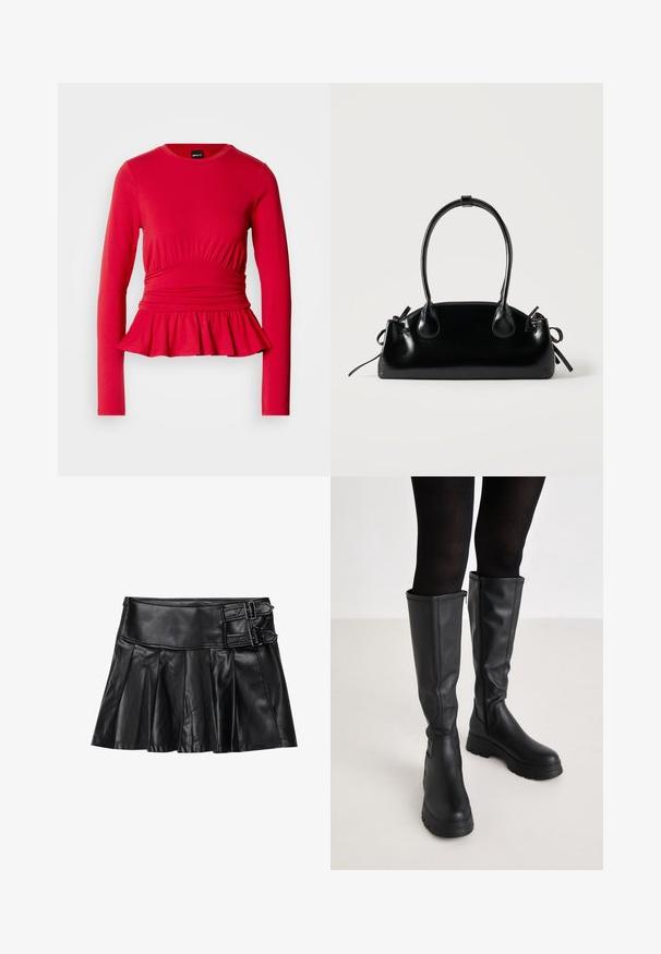 Rode top met lange mouwen, een ronde halslijn, geplooide details bij de taille en een uitlopende peplum zoom, gemaakt van zachte, rekbare stof.; Zwart leren rok met plooien, brede tailleband en twee gespaccents aan de zijkant. Glad textuur met een glanzende afwerking.; Even&Odd by Zalando Plateaulaarzen - black; Kleine zwarte glanzende handtas met twee lange hengsels en zijkant trekkoord details op een effen lichte achtergrond.
