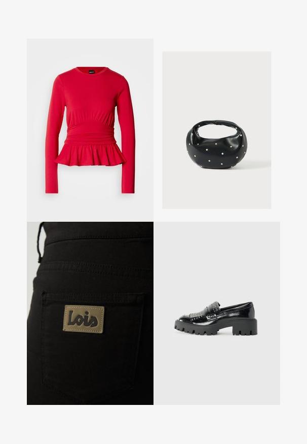 Haut rouge à manches longues avec un col rond, un détail froncé à la taille et un bas évasé en forme de peplum, réalisé dans un tissu doux et extensible.; Pantalons en tissu noir dotés d'une poche arrière avec une étiquette beige embossée du mot "Lois" en lettres foncées. Détails de couture visibles.; Mocassins en cuir verni noir avec une semelle plateforme noire épaisse, ornés de clous métalliques sur le devant et d'un design à bout rond.; Sac à main en cuir noir de forme arrondie, décoré de clous argentés et équipé d'une poignée courte. Texture lisse et fermeture éclair.