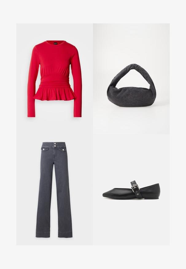 Rød bluse med lange ærmer, rund halsudskæring, rynkedetalje ved taljen og en udvidet peplumkant i blødt, elastisk stof.; Mørkegrå jeans med høj talje og vide ben, med to forlommer med klap og sølvfarvede knapper på ensfarvet baggrund.; Sorte læder flade sko med spids tå, side rem med en sølv spænde og en lav hæl. Glat tekstur og minimalistisk design.; Mørkegrå stofpose med et buet håndtag, blød tekstur og rund form. Ingen synligt hardware eller pynt.
