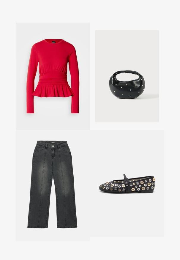 Haut rouge à manches longues avec un col rond, un détail froncé à la taille et un bas évasé en forme de peplum, réalisé dans un tissu doux et extensible.; Jeans à jambes larges en denim gris foncé. Comprend une fermeture à bouton, deux poches avant et des coutures verticales pour le détail. Zones abîmées présentes.; Chaussure plate en cuir noir avec un bout arrondi, ornée d'accents métalliques circulaires en or, argent et bronze. Dispose d'une bride de type Mary Jane.; Sac à main en cuir noir de forme arrondie, décoré de clous argentés et équipé d'une poignée courte. Texture lisse et fermeture éclair.