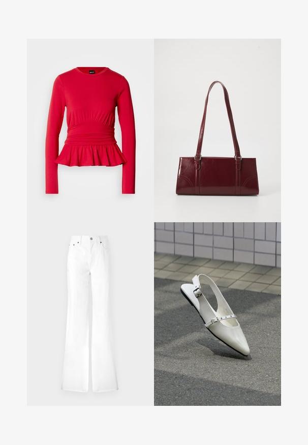 Rød bluse med lange ærmer, rund halsudskæring, rynkedetalje ved taljen og en udvidet peplumkant i blødt, elastisk stof.; Hvide denim flared jeans med høj talje, fem lommer og metalknaplukning. Glat tekstur, enkelt design; lige ben der smalner ind ved kanten.; Hvid spids slingback flad sko med to sølvspænder, vist udendørs på tekstureret underlag og flisebelagt væg baggrund.; Bordeaux håndtaske lavet af glansfuldt materiale, rektangulær form, med to skulderremme og subtile buede detaljer på forsiden.