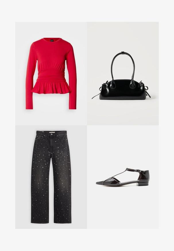 Pikkade varrukatega punane top ümara kaelusega, vöökoha juures kogutud detailiga ja lehvikukujulise peplum-äärisega, tehtud pehmest, elastse kangaga.; Mustad denim püksid, millel on lahtine lõige, kaetud hajusate hõbe-, kulla- ja valgete punktidega. Klassikalised taskud ja metallist detailid.; Musta lakknahast madala kontsaga king terava varba ja T-rihmaga pandlaga, külgvaates ühtlasel taustal.; Väike must läikiv käekott kahe pika sangaga ja külgedel paelakinnitustega, ühel lihtsal helel taustal.