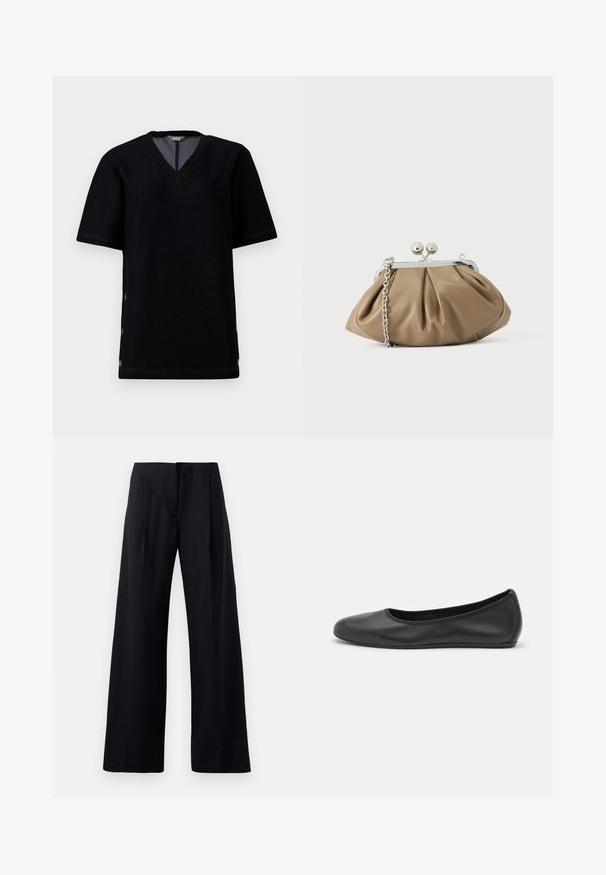 Schwarzes kurzärmliges T-Shirt mit V-Ausschnitt, ausgestattet mit kontrastierendem orangefarbenem Nähen und Druckknöpfen entlang der Seitennaht. Weiches Baumwollmischmaterial.; Schwarze, gestreifte Hose mit weitem Bein, die scharfe Falten und einen sauberen Abschluss aufweist. Hergestellt aus einem glatten, leichten Stoff.; Schwarze Leder-Ballettschuhe mit abgerundeter Spitze, glatter Textur, minimalen Nähdetails und einem flexiblen Sohlen-Design.; Lederclutch in sanftem Beige mit abgerundeter Form, plissierter Textur, silbernem Kissenschloss und abnehmbarem Kettenriemen.