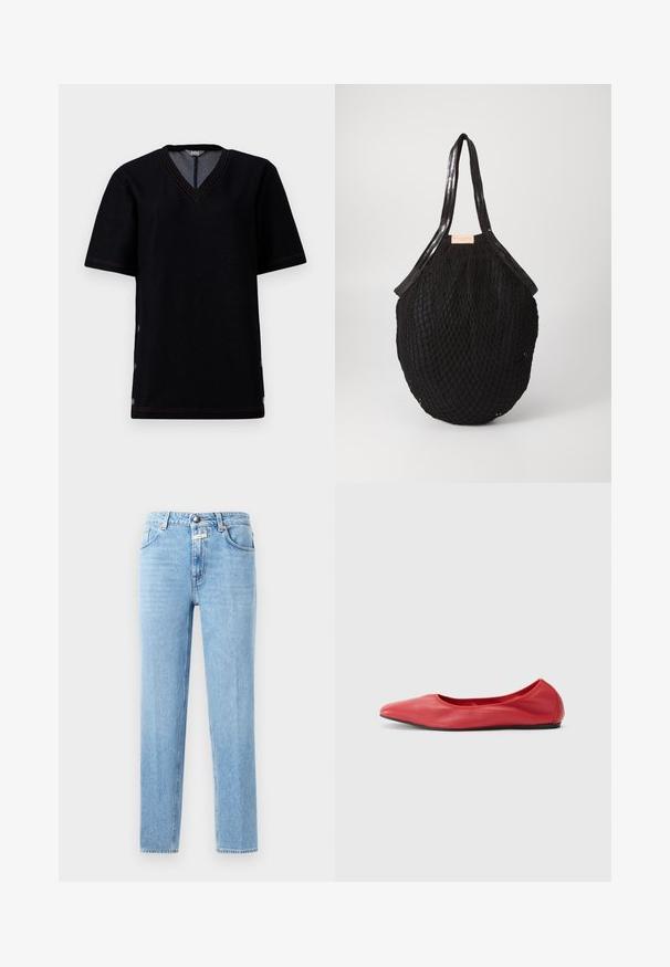 Sort kortærmet T-shirt med V-hals, der har kontrastfarvet orange syninger og trykknaplukninger langs sidesømmene. Blødt bomuldsblandingsmateriale.; Lysblå denim-jeans med lige ben, fem-lomme design og metalknaplukning. Struktureret stof med minimal falming.; Filippa K REY FLATS - Ballerinasko - bright red; Sort vævet tote taske med en oval form, prydet med glatte håndtag og et tekstureret netlignende design. Etiketten er synlig på siden.