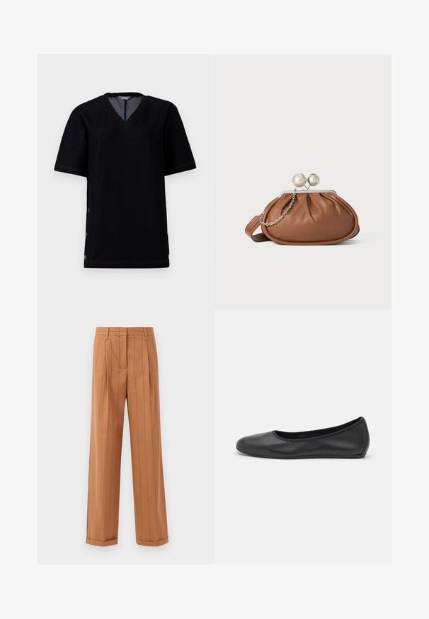 T-shirt noir à manches courtes avec un col en V, présentant des coutures orange contrastantes et des fermetures à pression le long des coutures latérales. Matériau en mélange de coton doux.; Pantalons bruns à rayures fines avec une conception sur mesure, featuring des plis, une coupe droite et un ourlet retroussé. Fabriqués dans un tissu lisse.; Ballerines en cuir noir avec un bout rond, texture lisse, détails de couture minimalistes et design de semelle flexible.; Pochette en cuir marron avec un fermoir à boule en argent et un petit détail en chaîne argentée sur fond blanc.