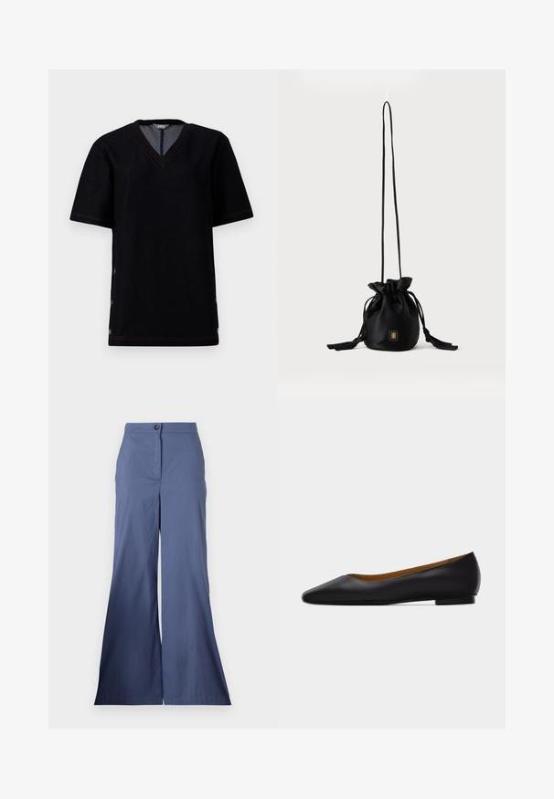 Camiseta negra de manga corta con escote en V, que presenta costuras en contraste color naranja y cierres a presión a lo largo de las costuras laterales. Material suave de mezcla de algodón.; Pantalones de pierna ancha azul marino, confeccionados en una tela suave, con cierre frontal de botón y líneas limpias, con un ajuste entallado en toda su extensión.; Zapato plano de punta puntiaguda de cuero negro con tacón bajo y acabado liso, mostrado de perfil sobre un fondo gris claro.; Bolso tipo bucket negro con cordón, con una correa larga y delgada y un pequeño logo cuadrado dorado en la parte delantera, mostrado sobre un fondo liso.