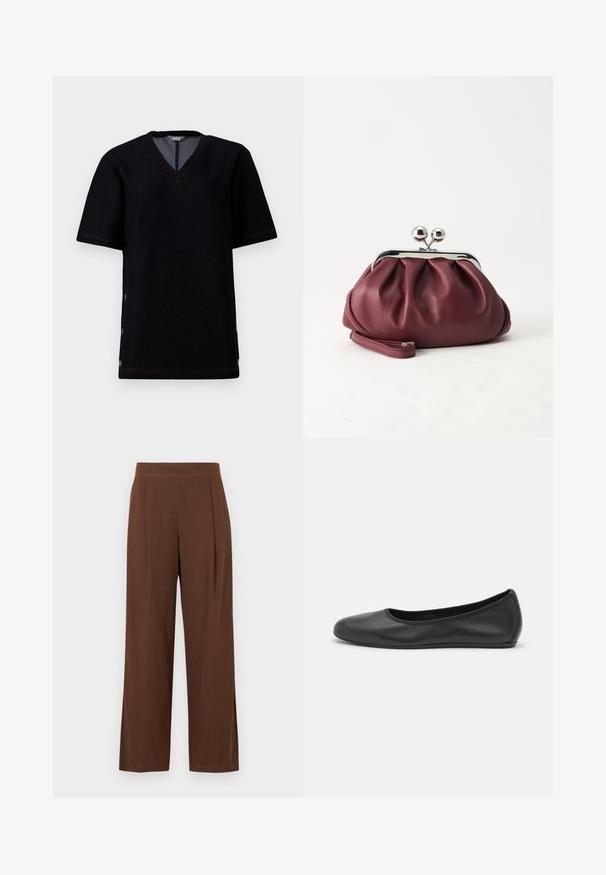 T-shirt noir à manches courtes avec un col en V, présentant des coutures orange contrastantes et des fermetures à pression le long des coutures latérales. Matériau en mélange de coton doux.; Pantalon marron à jambes larges avec une texture lisse, présentant un devant plat et des plis. La taille est élastiquée pour le confort et l'ajustement.; Ballerines en cuir noir avec un bout rond, texture lisse, détails de couture minimalistes et design de semelle flexible.; Petit sac pochette en cuir bordeaux avec fermoir métallique argenté et bracelet sur fond blanc.