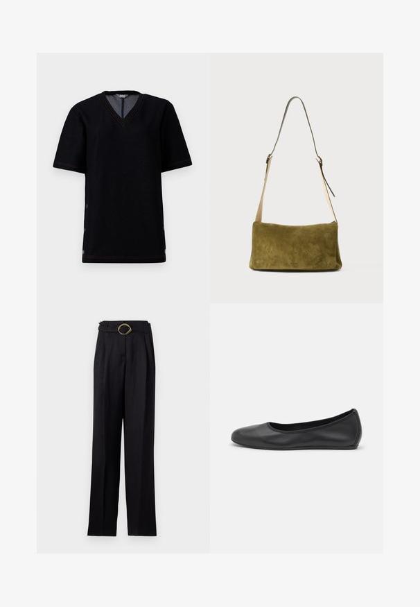 Camiseta negra de manga corta con escote en V, que presenta costuras en contraste color naranja y cierres a presión a lo largo de las costuras laterales. Material suave de mezcla de algodón.; Pantalones negros de cintura alta con un diseño de pierna ancha, que presentan una hebilla de oro retorcida en el cinturón. Tela suave con un brillo sutil.; Bailarina de piel negra con punta redondeada, textura suave, detalle de costura minimalista y diseño de suela flexible.; Bolso de hombro de ante verde oliva con una forma rectangular y suave. Presenta una correa de cuero larga y ajustable, y un hardware mínimo.