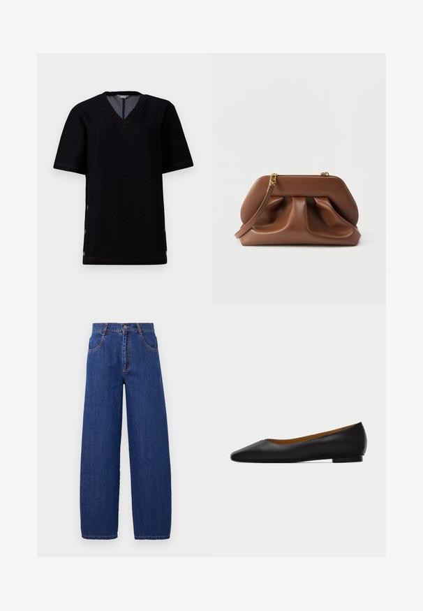 Camiseta negra de manga corta con escote en V, que presenta costuras en contraste color naranja y cierres a presión a lo largo de las costuras laterales. Material suave de mezcla de algodón.; Vaqueros de mezclilla azul de pierna ancha con cintura alta, que cuentan con bolsillos delanteros y costuras naranjas. La tela tiene una textura suave y un acabado clásico.; Zapato plano de punta puntiaguda de cuero negro con tacón bajo y acabado liso, mostrado de perfil sobre un fondo gris claro.; Bolso de mano de cuero marrón con diseño fruncido, herrajes de tono dorado y correa de muñeca desmontable sobre un fondo blanco.