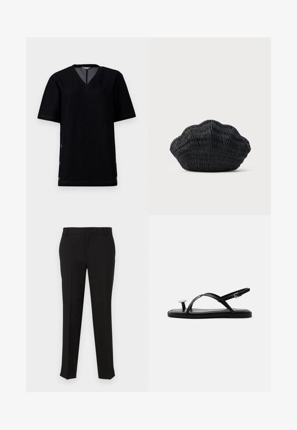 T-shirt noir à manches courtes avec un col en V, présentant des coutures orange contrastantes et des fermetures à pression le long des coutures latérales. Matériau en mélange de coton doux.; Pantalons noirs ajustés en tissu lisse, avec une coupe droite, des passants de ceinture et des poches latérales. Aucune motif ou matériel visible.; Sandale plate noire avec fines brides croisées, boucle à la cheville et une grande décoration ronde blanche de style perle sur la lanière entre les orteils.; Sac à main en osier noir en forme de coquille Saint-Jacques avec un dessus courbé et une texture tressée sur un fond uni.