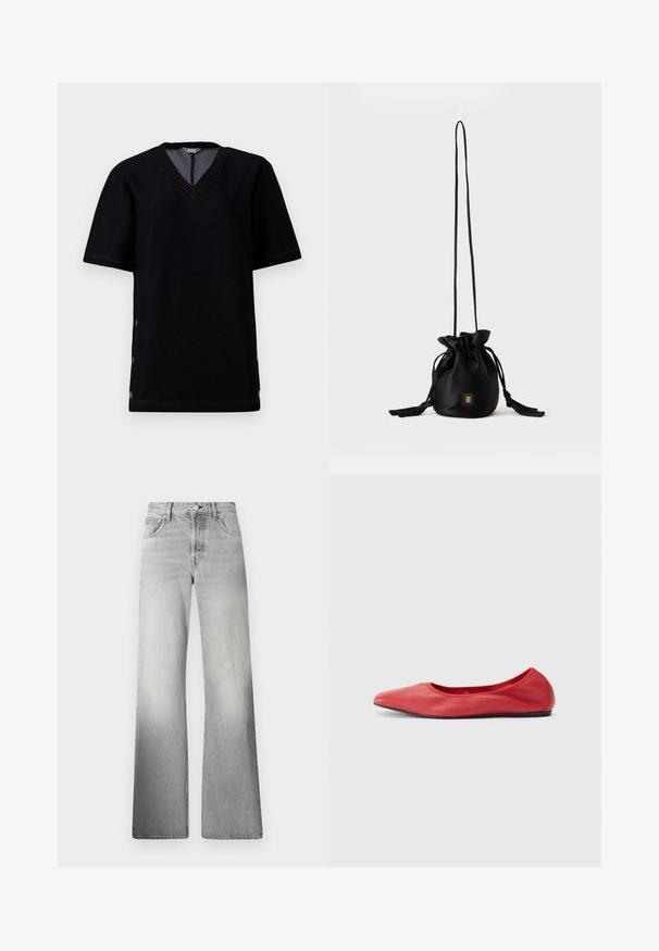 Svart T-skjorte med korte ermer og V-hals, med kontrasterende oransje sømmer og trykknapper langs sidesømmene. Myk bomullsblanding.; Grå denim vide ben jeans med høy midje, falmet tekstur, fem lommer og glidelås med knappeåpning.; Filippa K REY FLATS - Ballerinasko - bright red; Svart bøtteveske med snor, med lang tynn rem og liten gyllen firkantet logo foran, vist mot en ensfarget bakgrunn.