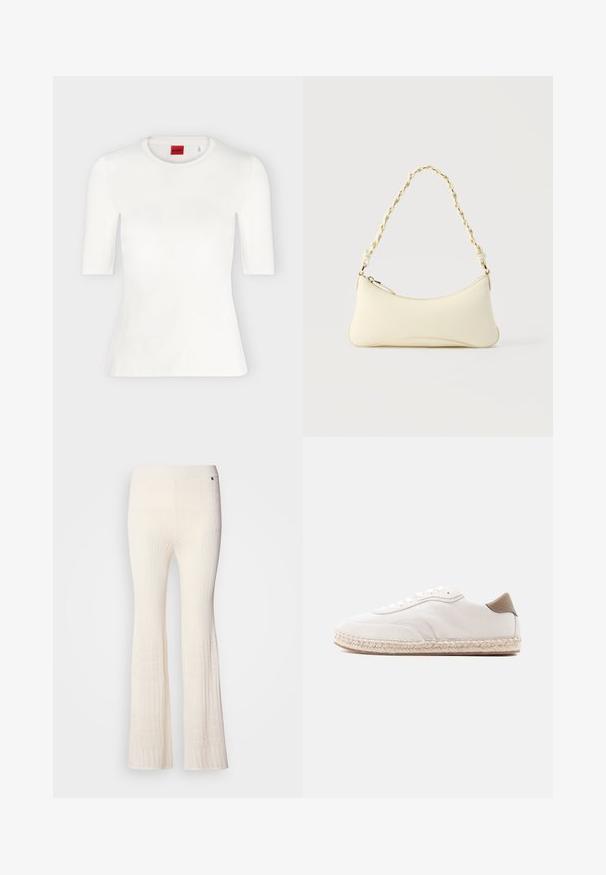 T-shirt blanc ajusté à manches courtes avec col rond et étiquette de marque rouge à l'intérieur du col.; Pantalon en tricot côtelé couleur crème avec des jambes évasées et un motif en dentelle texturé à l'ourlet inférieur. Matière douce avec une taille ajustée.; Baskets blanches avec une tige en daim, des accents beiges et une semelle en jute tressé. Elles sont équipées de lacets plats et arborent un logo de marque sur le côté.; Petit sac à main couleur crème avec une forme incurvée et une poignée en chaîne torsadée ton or, fermeture éclair sur le dessus