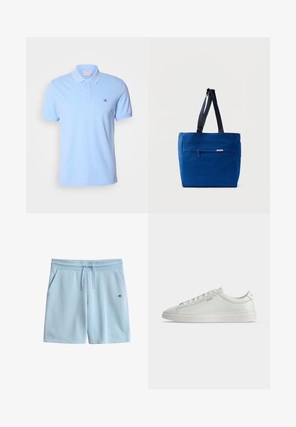 Polo shirt à manches courtes bleu clair en coton, avec une patte de boutonnage à deux boutons et un petit logo brodé sur la poitrine gauche.; Short en coton bleu clair avec taille côtelée, cordon ajustable, poches latérales et petit logo brodé sur le devant droit.; Baskets basses blanches en cuir avec lacets, semelle plate et petit logo doré "BOSS" sur le côté, vues de l'extérieur.; Sac fourre-tout en toile bleue avec une poche zippée à l'avant, des doubles bretelles et une forme rectangulaire. Dispose d'une étiquette de marque discrète.