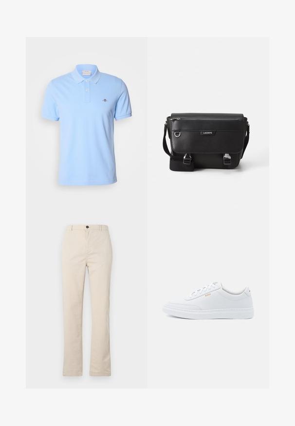 Polo shirt à manches courtes bleu clair en coton, avec une patte de boutonnage à deux boutons et un petit logo brodé sur la poitrine gauche.; Pantalons en coton beige clair avec une coupe droite, dotés d'une fermeture à bouton à l'avant, d'une braguette zippée et de détails de couture minimalistes.; Baskets blanches en cuir avec une texture lisse, bout rond et coutures tonales. Possède des lacets bleus et un logo doré sur le côté.; Sac messager Lacoste noir texturé avec bandoulière ajustable, rabat avant, poche zippée et fermetures à boucle en métal.