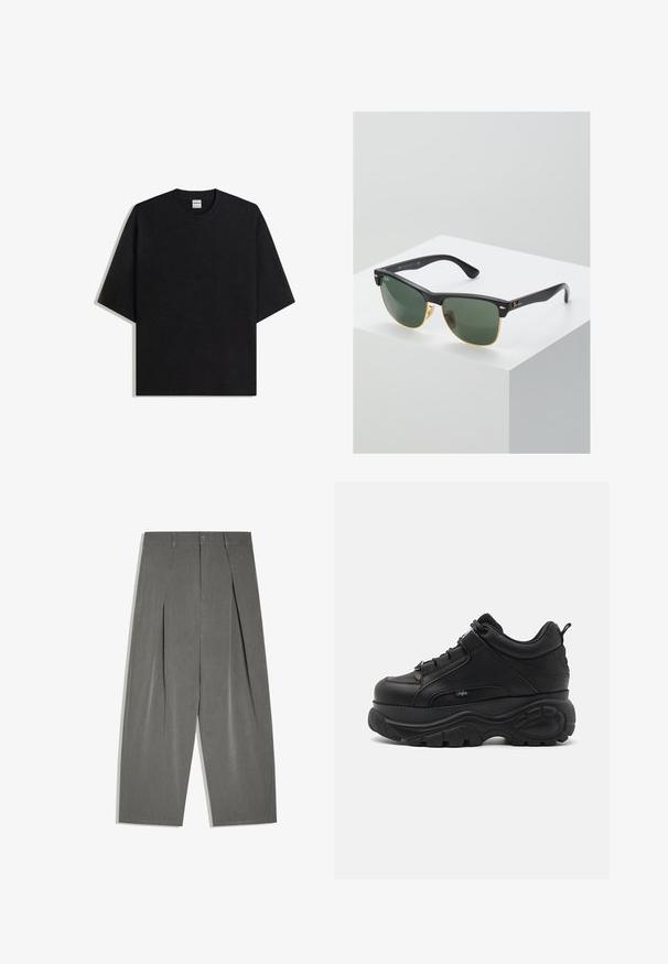Čierne oversize tričko s okrúhlym výstrihom a krátkymi rukávmi, položené na bielom pozadí, viditeľná značka Bershka vo vnútri goliera.; Sivé široké elegantné nohavice s prednými záhybmi, zapínaním na gombíky a opaskovými pútkami, položené na bielom pozadí.; Čierne kožené chunky tenisky s hrubou gumovou podrážkou, štýlovým dizajnom a textúrovanými detailmi. Obsahujú šnúrky a pútko na päte.; Slnečné okuliare Ray-Ban so zelenými sklami, čiernymi plastovými rámami a zlatými akcentami na okrajoch. Štvorcový tvar s matným povrchom.