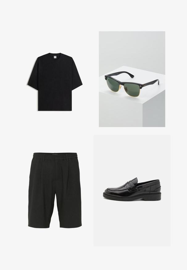 Schwarzes, übergroßes T-Shirt mit Rundhalsausschnitt und kurzen Ärmeln, flach auf weißem Hintergrund liegend, Bershka-Etikett im Kragen sichtbar.; Schwarze Shorts aus strukturiertem Stoff, mit lockerer Passform, Falten und einem elastischen Bund für zusätzlichen Komfort.; Schwarze Lederloafers mit glatter Oberfläche, abgerundetem Zehenbereich, niedrigem Absatz und dekorativer Naht entlang der Vorderseite. Gummisohle für guten Halt.; Ray-Ban Sonnenbrillen mit grünen Gläsern, schwarzen Kunststoffrahmen und goldenen Akzenten an den Rändern. Quadratische Form mit matter Oberfläche.