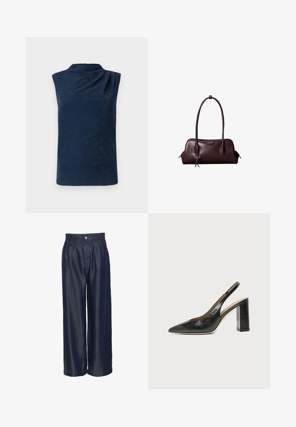 Mouwloos topje van marineblauwe stof met een subtiele glinsterende textuur. Kenmerken zijn een drapering bij de halslijn en een rechte snit.; Navyblauwe denim broeken met wijde pijpen en een hoge taille, met voorplooien en gouden stikselaccenten, een gladde textuur en een knoopsluiting.; Zwarte leren slingback schoen met spits toelopend neusje, hoge blokhak en beige binnenvoering tegen een effen lichte achtergrond.; Donkerbruine leren Calvin Klein handtas met lange dubbele handvatten en een kleine logo-sierhanger die aan één handvat hangt.