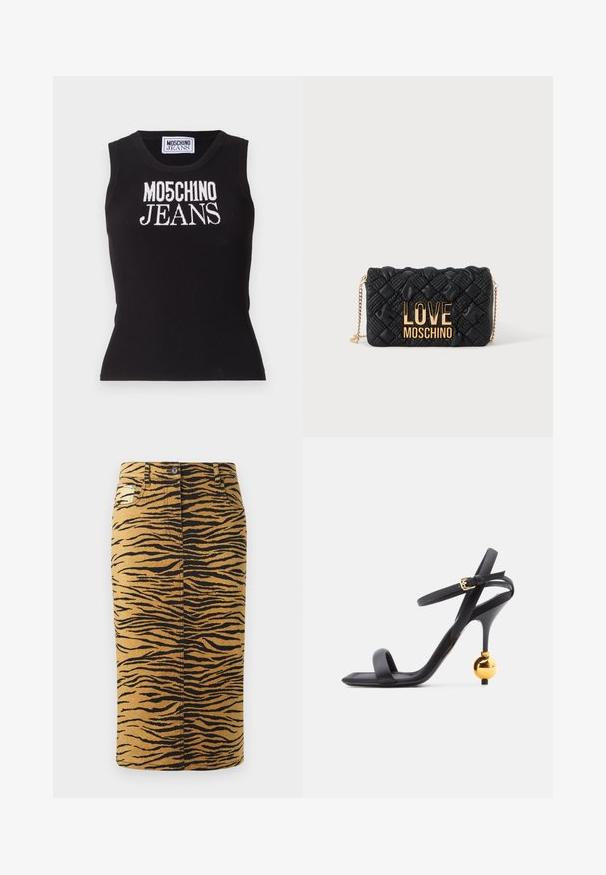 Must mustriga tank top, millel on valge silmus "MO5CH1NO JEANS". Keha lähedane lõige, ümmargune kaelus ja ilma varrukateta disain.; Tiigri triibuline seelik, millel on kuldne taust ja mustad mustrid. Valmistatud denimist, sirge lõikega ja sisaldab taskuid.; Mustad kõrge kontsaga sandaal õhukese pahkluu rihmaga ja unikaalse kuldse sfäärilise kontsadetailiga, ruudukujulise varbaga disainiga.; Must quiltitud õlakott kuldse kettaga ja suur kuldne „LOVE MOSCHINO“ logo ees.