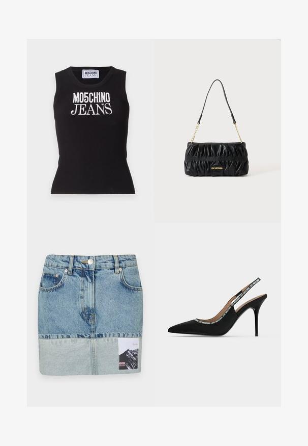 Must mustriga tank top, millel on valge silmus "MO5CH1NO JEANS". Keha lähedane lõige, ümmargune kaelus ja ilma varrukateta disain.; Denim mini seelik, millel on gradient sinine värviskeem, viie tasku disain, hõbedane tarvik ja trükitud silt mäe graafikuga.; Mustad terava varbaga slingback kõrge kontsaga kingad, õhukese kontsaga ja "LOVE MOSCHINO" tekstiga rihmal ning serval.; Must nahast käekott kuldse ketiga rihma ja "Love Moschino" logoplaadiga esi keskel.