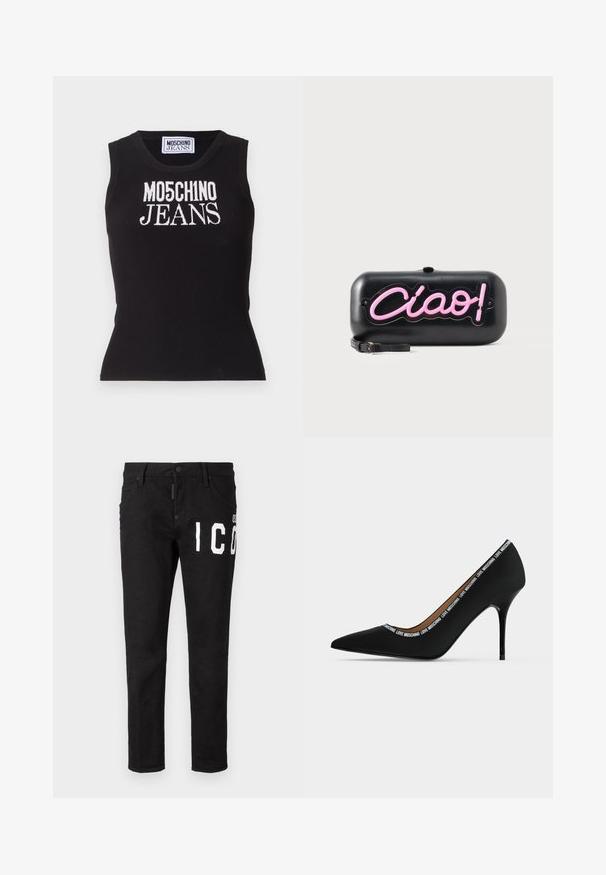 Sort ribbet tanktop med "MO5CH1NO JEANS" i hvid broderi. Tætsiddende design med rund hals og uden ærmer.; Sorte denim jeans med slim fit. Har hvid grafisk tekst på fronten, fem lommer og knaplukning. Glat tekstur.; Sort spids højhælet sko med stiletthæl og "LOVE MOSCHINO" tekstkant langs åbningens kant, sidevisning på hvid baggrund.; Sort rektangulær clutch med pink neonstil "Ciao!" bogstaver og en lille sort håndledsrem på en hvid baggrund.
