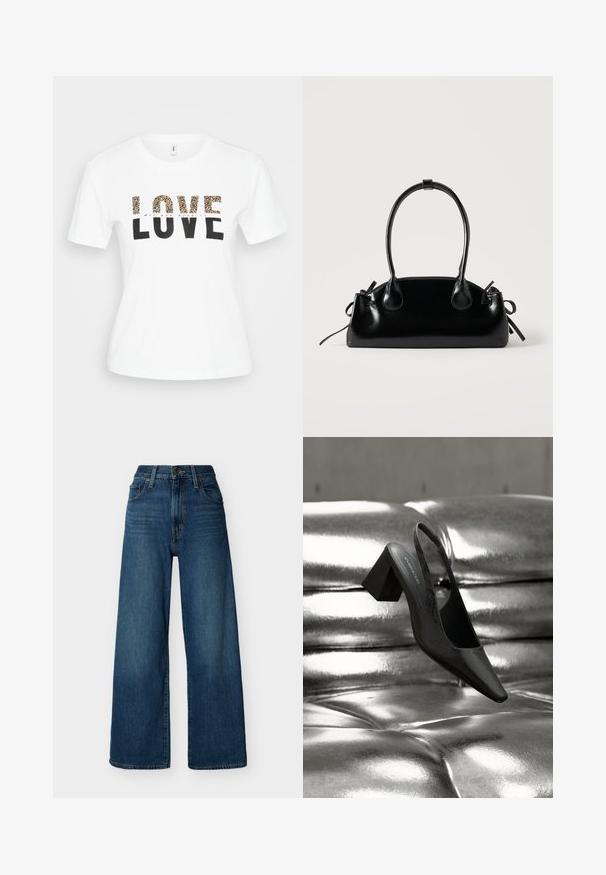 T-shirt blanc à manches courtes avec le texte "LOVE" ; les lettres du dessus en imprimé léopard, les lettres du dessous en noir, et un petit "Tout ce dont vous avez besoin est" en cursive au-dessus.; Jean en denim bleu à taille haute et à jambes larges, avec fermeture à boutons et fermeture éclair à l'avant, passants pour ceinture et poches avant sur un fond uni.; Escarpin noir à bride arrière avec bout pointu, présentant une surface texturée et un talon bloc épais. Posé sur un fond métallique brillant.; Petit sac à main noir brillant avec deux longues anses et des détails à cordon sur les côtés sur un fond clair uni.