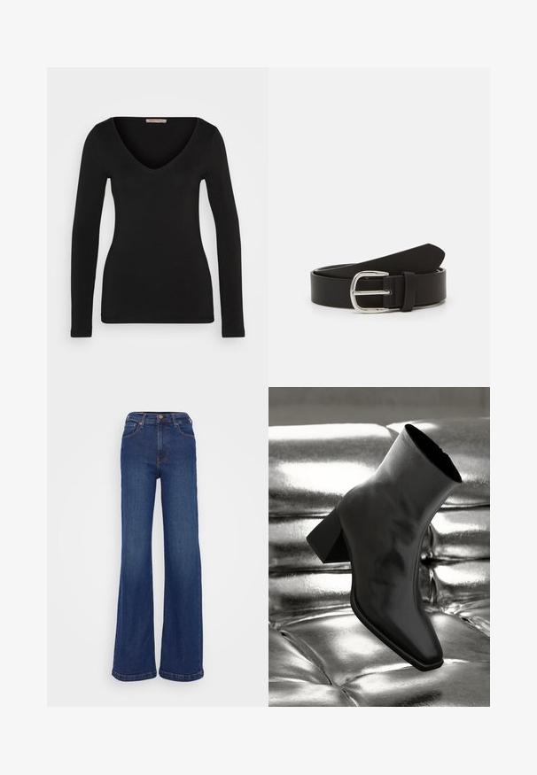 Zwarte lange mouwen V-hals top gemaakt van zacht, rekbaar materiaal. Heeft een aansluitende silhouette en een nette zoom, zonder extra versieringen.; Wijd-uitlopende jeans gemaakt van donkerblauwe denim. Heeft een hoge taille, vijf-pocket ontwerp en subtiele stiksels op de naden.; Zwarte enkellaarsjes van glanzend materiaal met een vierkante neus en taps toelopende hak, afgezet tegen een glanzende zilveren gecapitonneerde achtergrond.; Zwarte leren riem met een gladde textuur, voorzien van een metalen zilveren gesp en een taps toelopende punt. Eenvoudig, klassiek ontwerp.