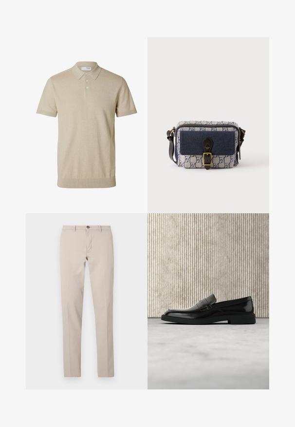 Beiges kurzärmeliges Poloshirt mit Kragen und drei Knöpfen, gerippte Bündchen an Ärmeln und Saum, einfarbiger Strickstoff.; Beige Slim-Fit-Hose mit Gürtelschlaufen, Knopfverschluss und vorderlichem Reißverschluss, flach auf weißem Hintergrund dargestellt.; Schwarzer, polierter Lederloafer, der über einem beigen Teppich schwebt, mit orangener, durchscheinender Möbel im Hintergrund.; Kleine rechteckige blau-weiß gemusterte Umhängetasche mit vordere marineblaue Tasche, schwarzem Lederriemen mit Schnalle und verstellbarem Schulterriemen.