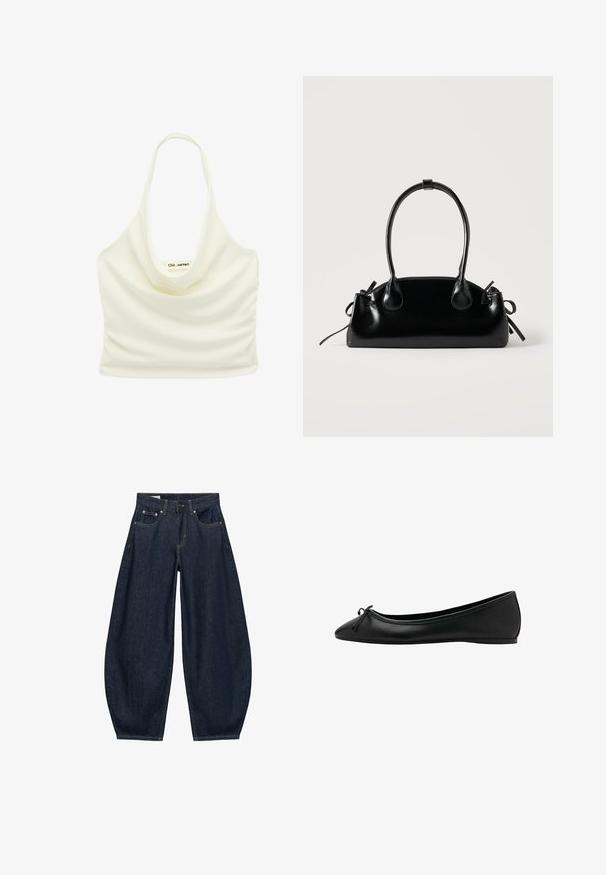 Off-white satijnen halter crop top met designerslabel in het midden en een geplooide halslijn.; Donkerblauwe denim jeans met wijde pijpen, voorzakken, riemlussen en een knoopsluiting in de taille.; Zwarte leren ballerina met puntige neus en klein strikdetail aan de voorkant, platte zool, zijaanzicht.; Kleine zwarte glanzende handtas met twee lange hengsels en zijkant trekkoord details op een effen lichte achtergrond.