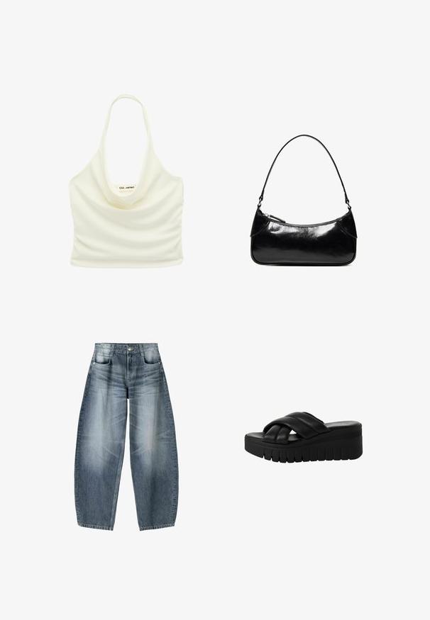 Off-white satijnen halter crop top met designerslabel in het midden en een geplooide halslijn.; Wijd gesneden jeans van lichtblauwe denim met vervaging, met een vijf-pocket ontwerp, knoopsluiting en minimale stikdetails.; Zwarte platform sandalen met gekruiste banden van glad leer, voorzien van een dikke, gestructureerde zool en een licht afgeronde teen.; Zwarte glanzende leren schoudertas met één ritssluitingvak en een dunne band die in een boogvorm is gebogen.