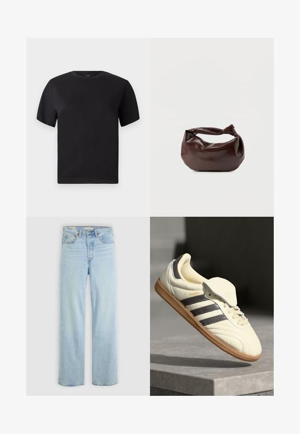 Camiseta negra de manga corta, con cuello redondo, fabricada en algodón suave, textura lisa, diseño minimalista sin patrones ni acentos.; Jeans de denim azul claro con corte recto, que cuentan con cinco bolsillos, un cierre de cremallera clásico y costuras visibles.; Zapatilla de cuero crema con tres rayas oscuras, suela de goma marrón y punta redondeada. Cuenta con una lengüeta plegable etiquetada como "SAMBA".; Bolso de hombro de cuero marrón oscuro con una forma suave y caída, y un asa con nudo torcido sobre un fondo blanco liso.